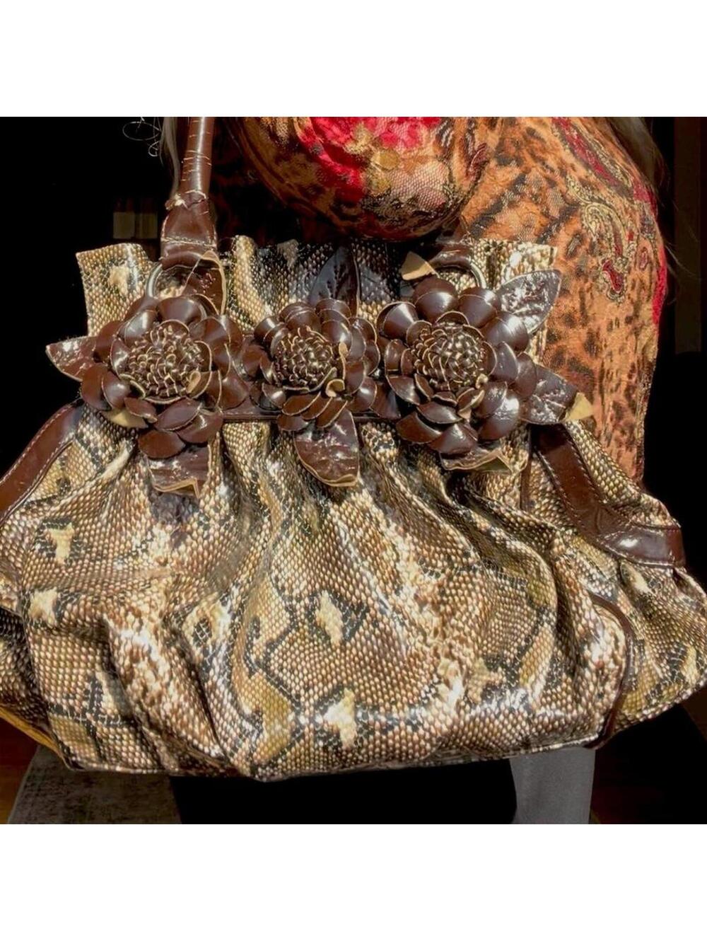 vintage y2k snakeskin slouch bag with floral detail